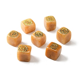 7Pcs 7 Styles Natural Yellow Aventurine Beads, with Long-Lasting Plated Golden Tone Brass Chakra Pattern Slices, Lead Free & Cadmium Free, No Hole, Cube