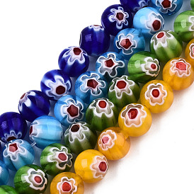 Brins de perles en verre de millefiori faites à la main, ronde avec motif de fleurs