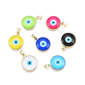 Glass Pendants, with Golden Plated Brass Findings, Flat Round with Evil Eye