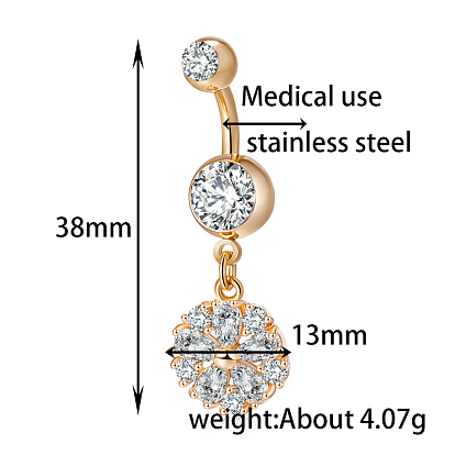 Piercing Jewelry, Brass Cubic Zirconia Navel Ring, Belly Rings, with Surgical Stainless Steel Bar, Cadmium Free & Lead Free, Flower
