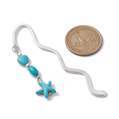 Signets ondulés en alliage de zinc, étoile de mer dauphin tortue synthétique turquoise perle pendentif marque-page