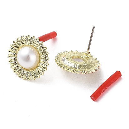 Rack Plating Alloy Flower Stud Earrings with ABS Pearl Beaded and 304 Stainless Steel Pin, Cadmium Free & Nickel Free & Lead Free
