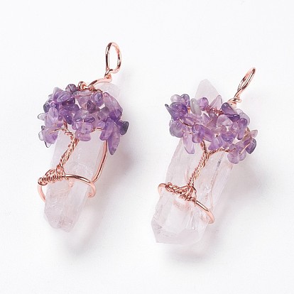 Pendentifs en cristal de quartz naturel, avec les accessoires en laiton, balle, or rose
