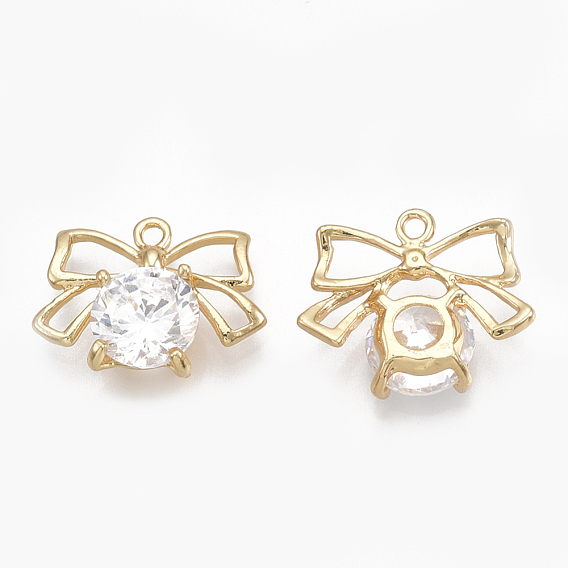Cubic Zirconia Charms, Real 18K Gold Plated, with Brass Findings, Bowknot, Clear