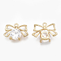 Cubic Zirconia Charms, Real 18K Gold Plated, with Brass Findings, Bowknot, Clear