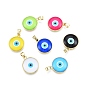 Glass Pendants, with Golden Plated Brass Findings, Flat Round with Evil Eye
