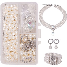 SUNNYCLUE DIY Wedding Bride Jewelry Set, with Glass Pearl Beads, Brass Cubic Zirconia Pendants, Alloy Rhinestone Bar Spacers and Brass Bead Tips Knot Covers