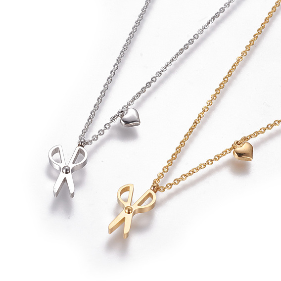304 Stainless Steel Pendant Necklaces, with Lobster Claw Clasps and Cable Chains, Scissor and Heart