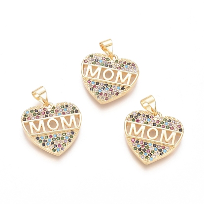 Brass Micro Pave Cubic Zirconia Pendants, Heart with Word MOM, For Mother's Day, Colorful