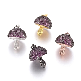 Brass Micro Pave Cubic Zirconia Pendants, with Jump Rings, Mushrooms, Deep Pink