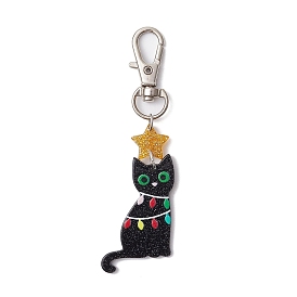 Christmas Theme Acrylic Pendant Decoraiton, with Alloy Swivel Lobster Claw Clasps, Cat Shape