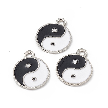 Alloy Enamel Pendants, Platinum, Flat Round with Yin Yang Pattern Charm