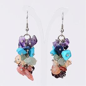 Chakra Mixed Gemstone Cluster Earrings, with 304 Stainless Steel Pins, 55mm, Pin: 0.6mm