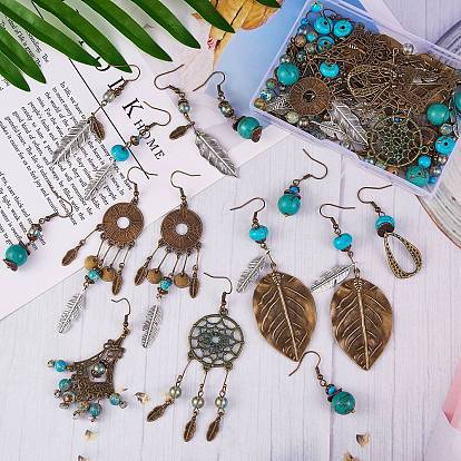 DIY Retro Charm Drop Earring Making Kit, Including Alloy Pendant & Link & Beads & Bead Cap, Synthetic & Natural Mixed Stone Beads, Glass Beads, Iron Pin & Earring Hook, Brass Pin