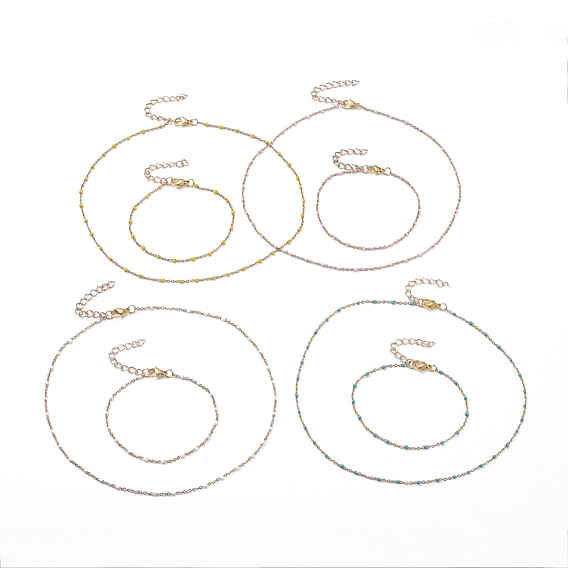 Ensembles de colliers et bracelets en acier inoxydable émaillé doré, avec chaîne de rallonge en fer et 304 fermoirs à pince de homard en acier inoxydable