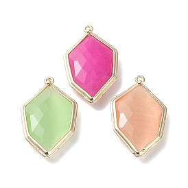 Cat Eye & Dyed Natural Jade Pendants, with Rack Plating Light Gold Plated Edge Brass Findings, Faceted, Hexagon