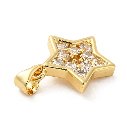 Rack Plating Brass Micro Pave Clear Cubic Zirconia Pendants, Long-Lasting Plated, Cadmium Free & Lead Free, Star Charm