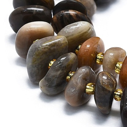 Brins de perles de pierre de lune noire naturelle, avec des perles de rocaille, plat