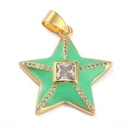Brass Micro Pave Clear Cubic Zirconia Pendants, with Enamel, Long-Lasting Plated, Real 18K Gold Plated, Star