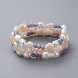 Bracelets extensibles en perles baroques naturelles, bracelets empilables, avec des perles de verre rondelles à facettes et des sacs de jute