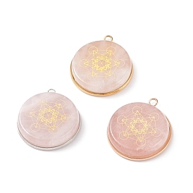 3 pcs 3 styles pendentifs en quartz rose naturel, avec 304 accessoires en acier inoxydable, plat rond avec motif de cercle magique