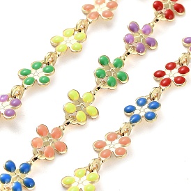 Brass with Colorful Enamel Flower Link Chains, with Spool, Unwelded