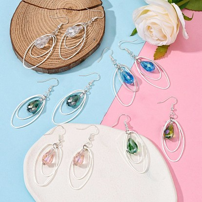 Trendy Glass Teardrop Dangle Earrings, with Brass Oval Rings and Brass Earring Hooks, 65mm