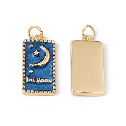 Rack Plating Brass Enamel Pendants, Cadmium Free & Nickel Free & Lead Free, Real 18K Gold Plated, Rectangle with Star & Moon & Word The Moon