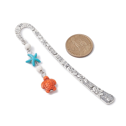 Synthetic Turquoise Tortoise Starfish Pendant Bookmarks with Natural Lava Rock, Tibetan Style Alloy Hook Bookmarks