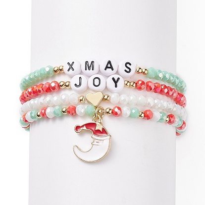 4 piezas 4 pulseras elásticas de vidrio estilo conjunto con cuentas de acrílico word xmas joy, pulseras de aleación de luna de navidad para mujer