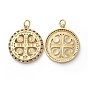 Golden Tone Brass Micro Pave Cubic Zirconia Pendants, with Jump Rings, Flat Round with Cross & Word