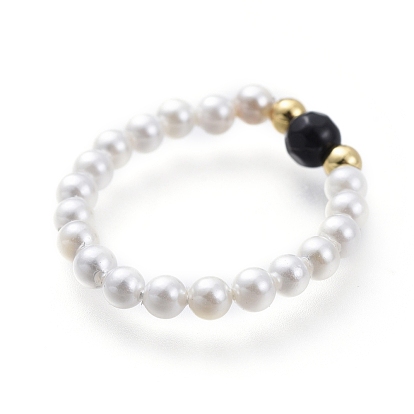 Anneaux extensibles de pierres précieuses naturelles, avec perles nacrées rondes et perles en laiton, or