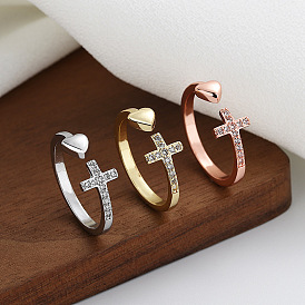 Crystal Rhinestone Cross & Heart Open Cuff Ring, Alloy Jewelry for Women