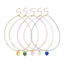 Ожерелье-подвеска из стекла в форме сердца с цепочками из натурального жемчуга и бисера