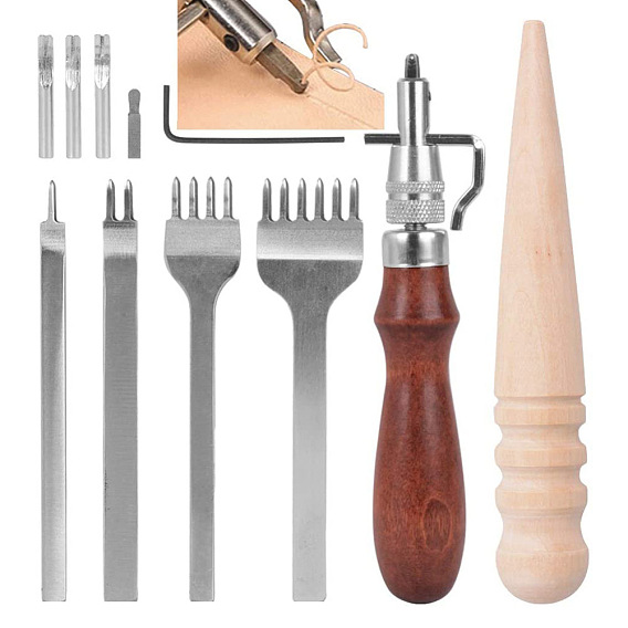 Outils d'artisanat du cuir en acier à haute teneur en carbone, avec du bois, kit d'outils de travail du cuir, pour la couture de poinçonnage de coupe de couture de fabrication d'artisanat du cuir