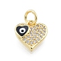 Brass Micro Pave Clear Cubic Zirconia Charms, with Enamel and Jump Rings, Golden, Heart with Evil Eye