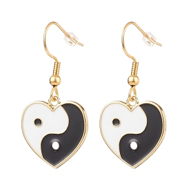 Heart with Tai Ji Alloy Enamel Dangle Earrings, 304 Stainless Steel Jewelry for Women
