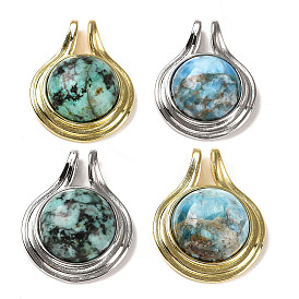 Natural Gemstone Pendants, Flat Round Charms with Rack Plating Brass Findings, Cadmium Free & Lead Free