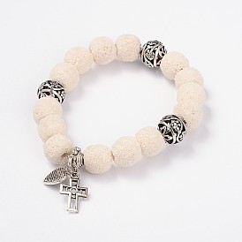 Bracelets extensibles à breloques en perles de lave croix, avec les accessoires en alliage de style tibétain, 65mm