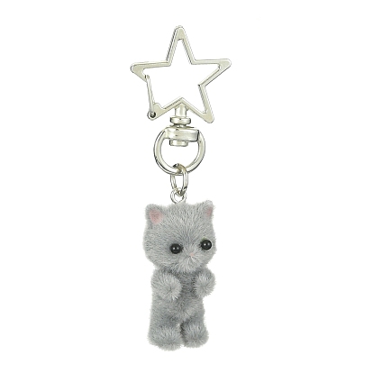 Flocky Resin Couple Cat Pendant Decoration, with Star Alloy Swivel Clasps