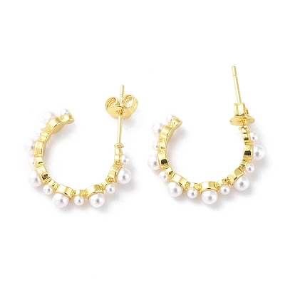 ABS Plastic Pearl Beaded C-shape Stud Earrings, Brass Half Hoop Earrings for Women