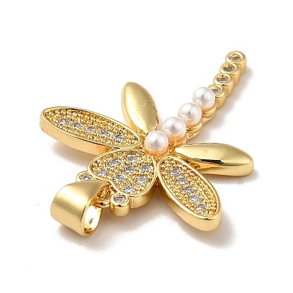 Micro latón allanan colgantes cúbicos del zirconia, con perla de imitación de plástico, larga duración plateado, real 18 k chapado en oro, libélula