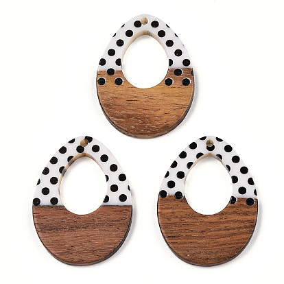 Printed Opaque Resin & Walnut Wood Pendants, Hollow Teardrop Charm with Polka Dot Pattern