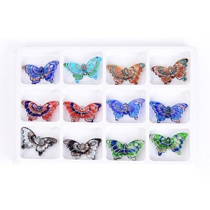 Handmade Silver Foil Lampwork Pendants, with Gold Sand, Butterfly, Mixed Color, 38x62x9mm, hole: 5mm