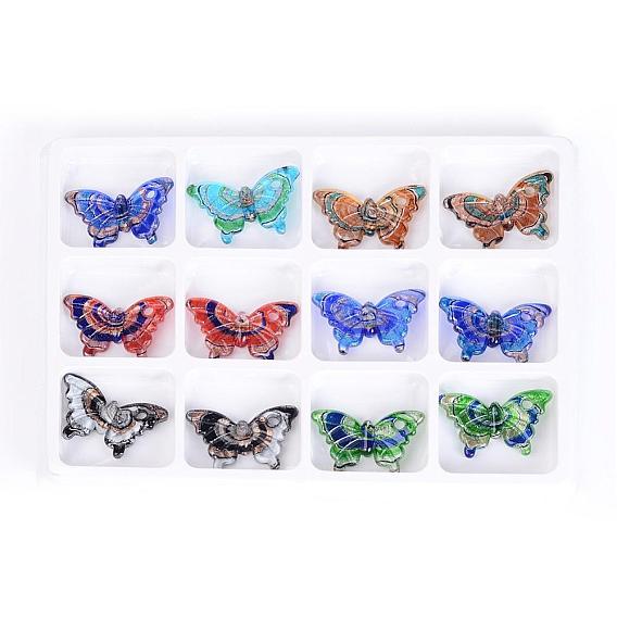 Handmade Silver Foil Lampwork Pendants, with Gold Sand, Butterfly, Mixed Color, 38x62x9mm, hole: 5mm