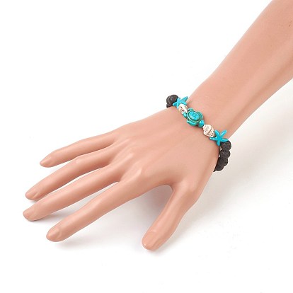 Natural Lava Rock Beads Stretch Bracelets, with Synthetic Turquoise(Dyed) Beads and Spiral Shell Beads