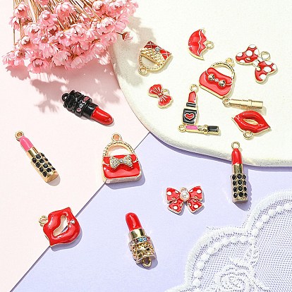 16Pcs 16 Style Alloy Enamel Pendants, with Crystal Rhinestone and ABS Plastic Imitation Pearl Beads, Lip/Lipstick/Lipstick/Bag