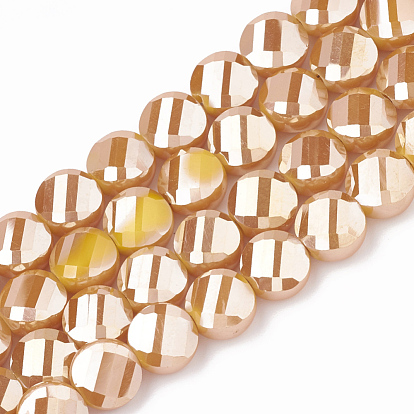 Electroplate Opaque Solid Color Glass Beads Strands, Faceted, Flat Round