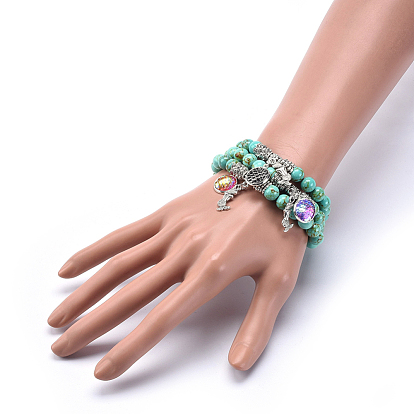 Bracelets à breloques extensibles en perles synthétiques turquoise (teintes), Avec pendentif en alliage de style tibétain, résine et laiton, forme de sirène