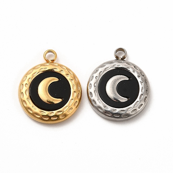 Vacuum Plating 304 Stainless Steel Pendants, with Acrylic, Flat Round with Moon